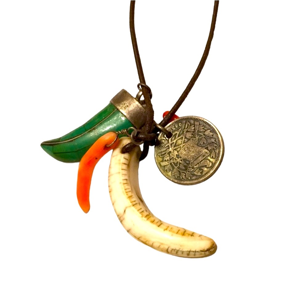 Vintage Chan Luu Talisman or Charm Necklace with coin Turquoise coral and a horn